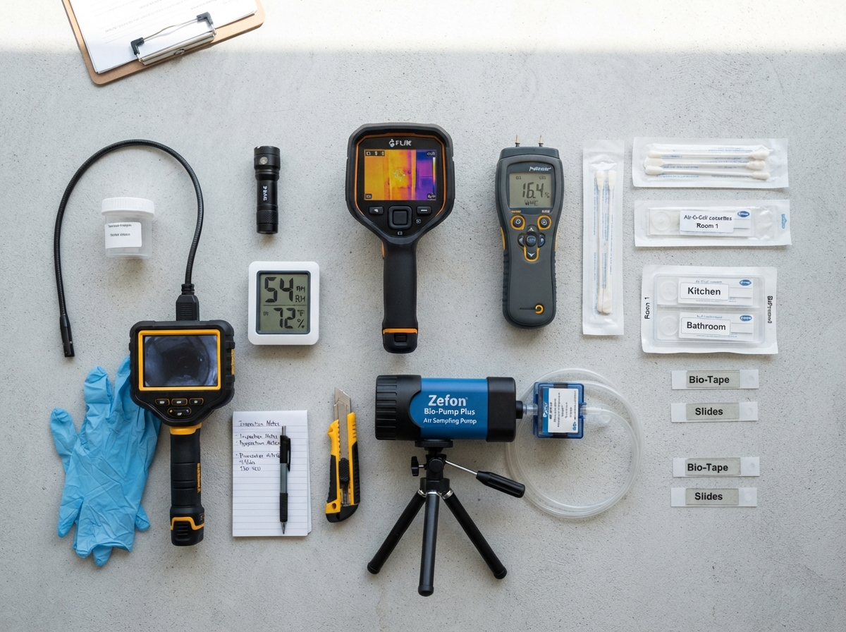 Professional mold inspection tools including moisture meter, thermal camera, and air sampling pump