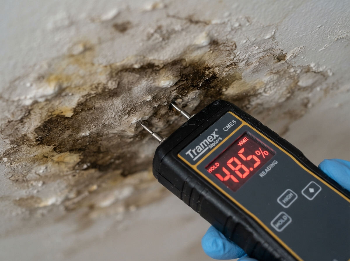 Moisture meter detecting water damage in drywall