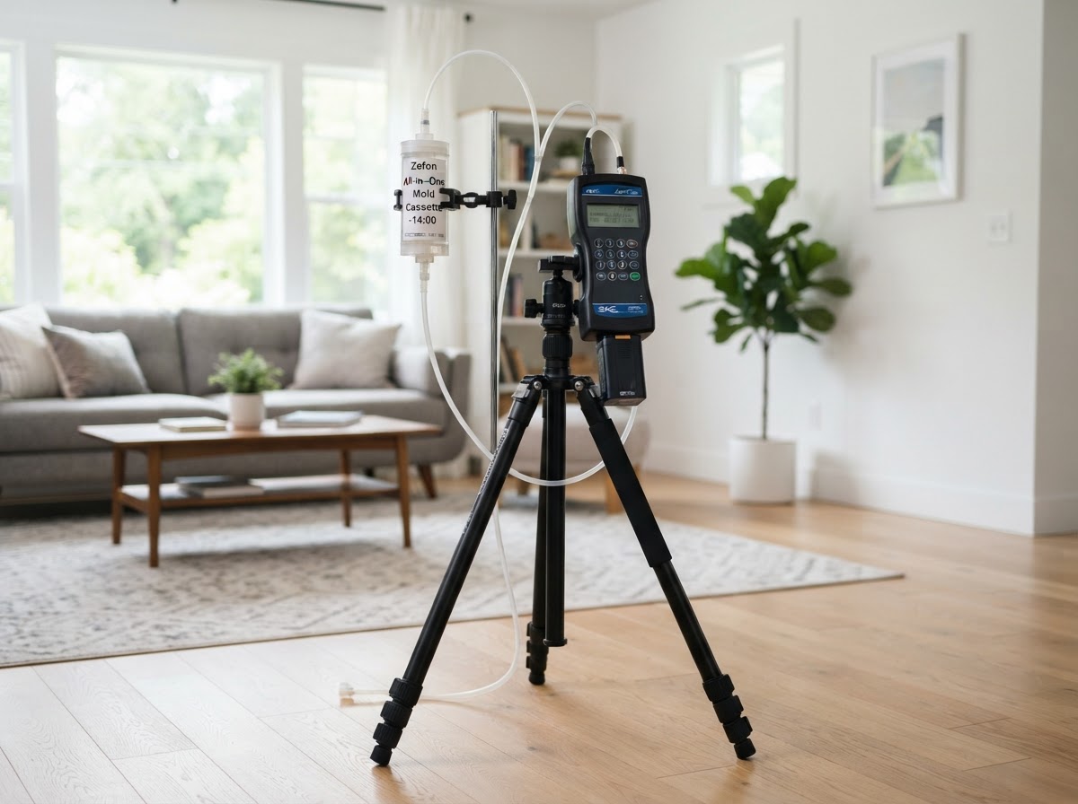 Air sampling pump set up for mold air quality testing in a residential living room