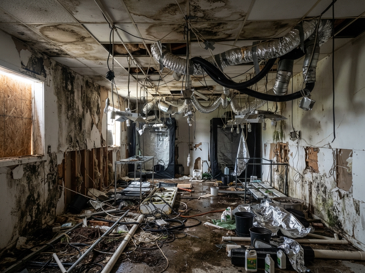 Interior of a former grow room showing damaged drywall and modified ventilation