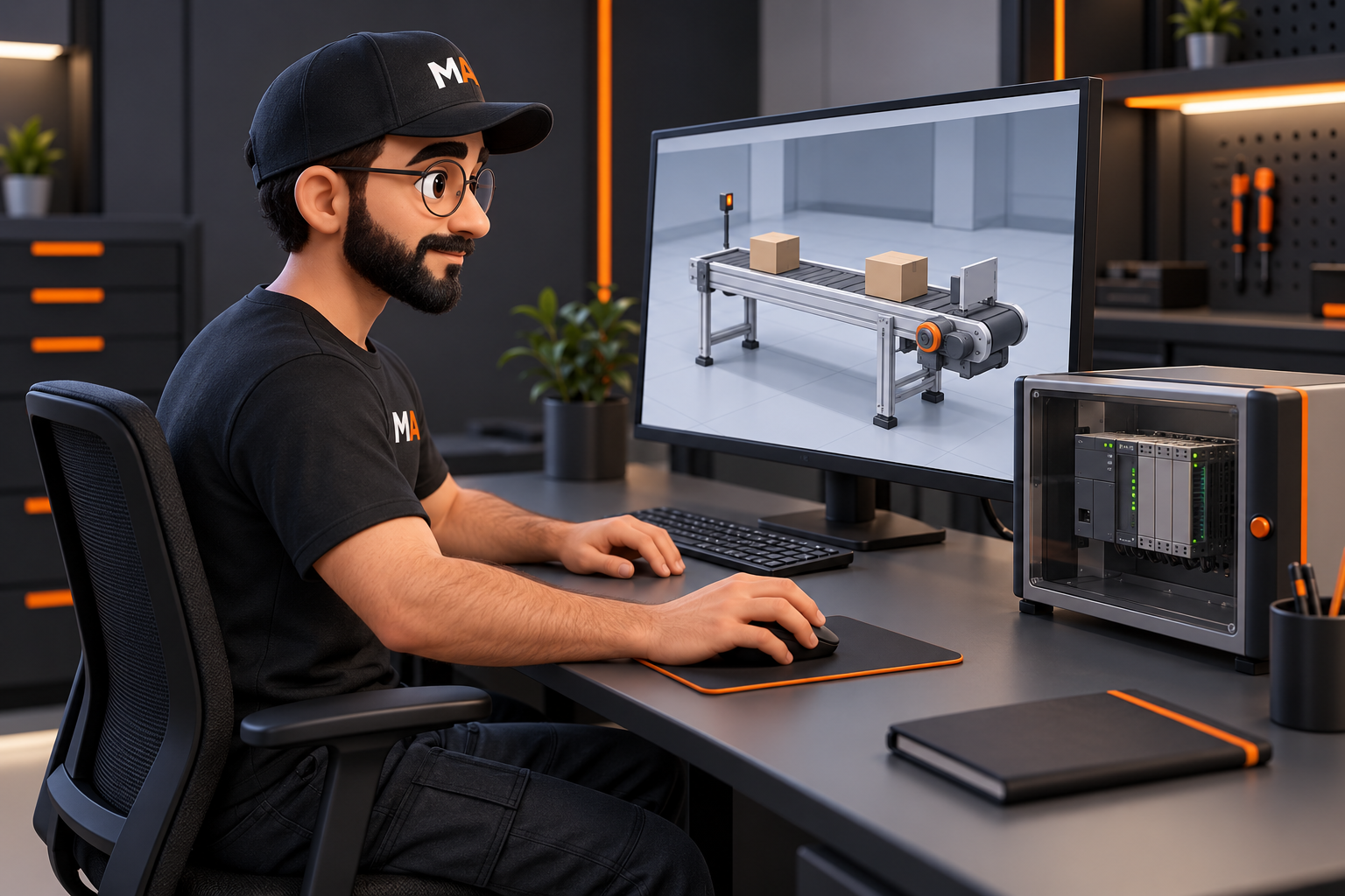 Illustrazione di MR. Automation alla postazione con simulazione conveyor e PLC