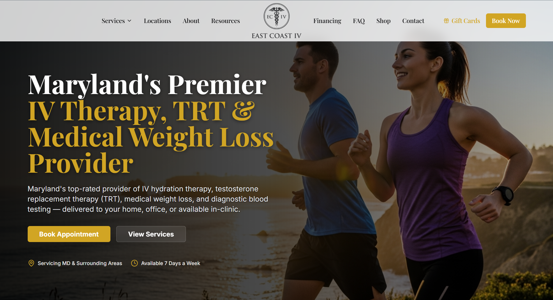 East Coast IV website homepage showing IV therapy, TRT, and medical weight loss services in Maryland
