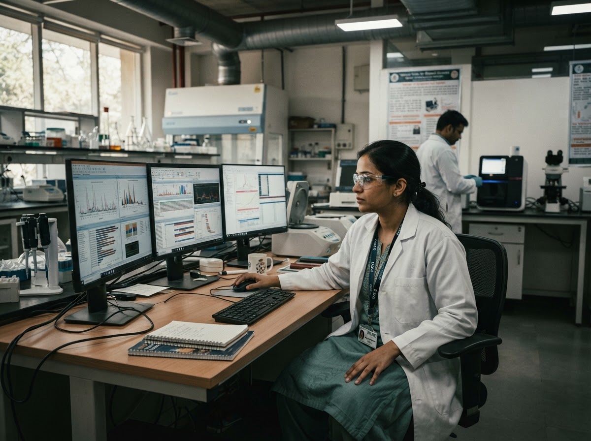 Research laboratory with scientist analyzing data