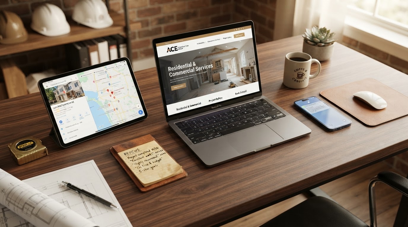 A contractor office with laptop, phone, and tools - the pieces of a local business growth system