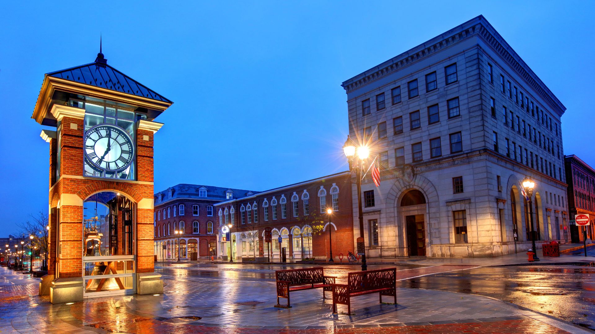 Downtown Concord NH at dusk - clock tower and historic buildings