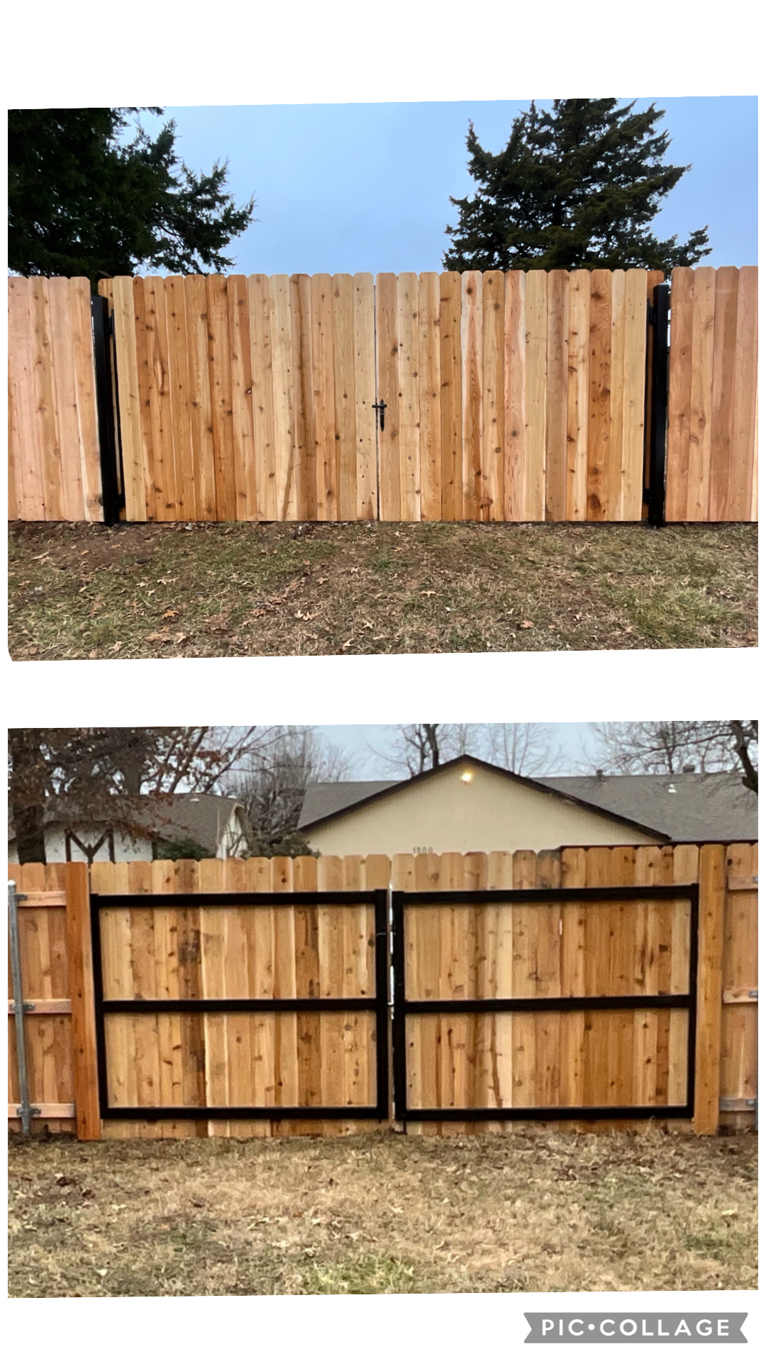 Cedar double drive gate with heavy-duty black steel framing and front-and-back construction.