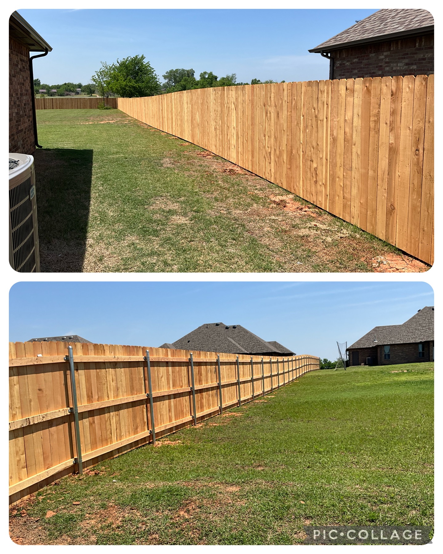Tall Western Red Cedar privacy fence showing front face and structural heavy-gauge steel post construction along yard perimeter.
