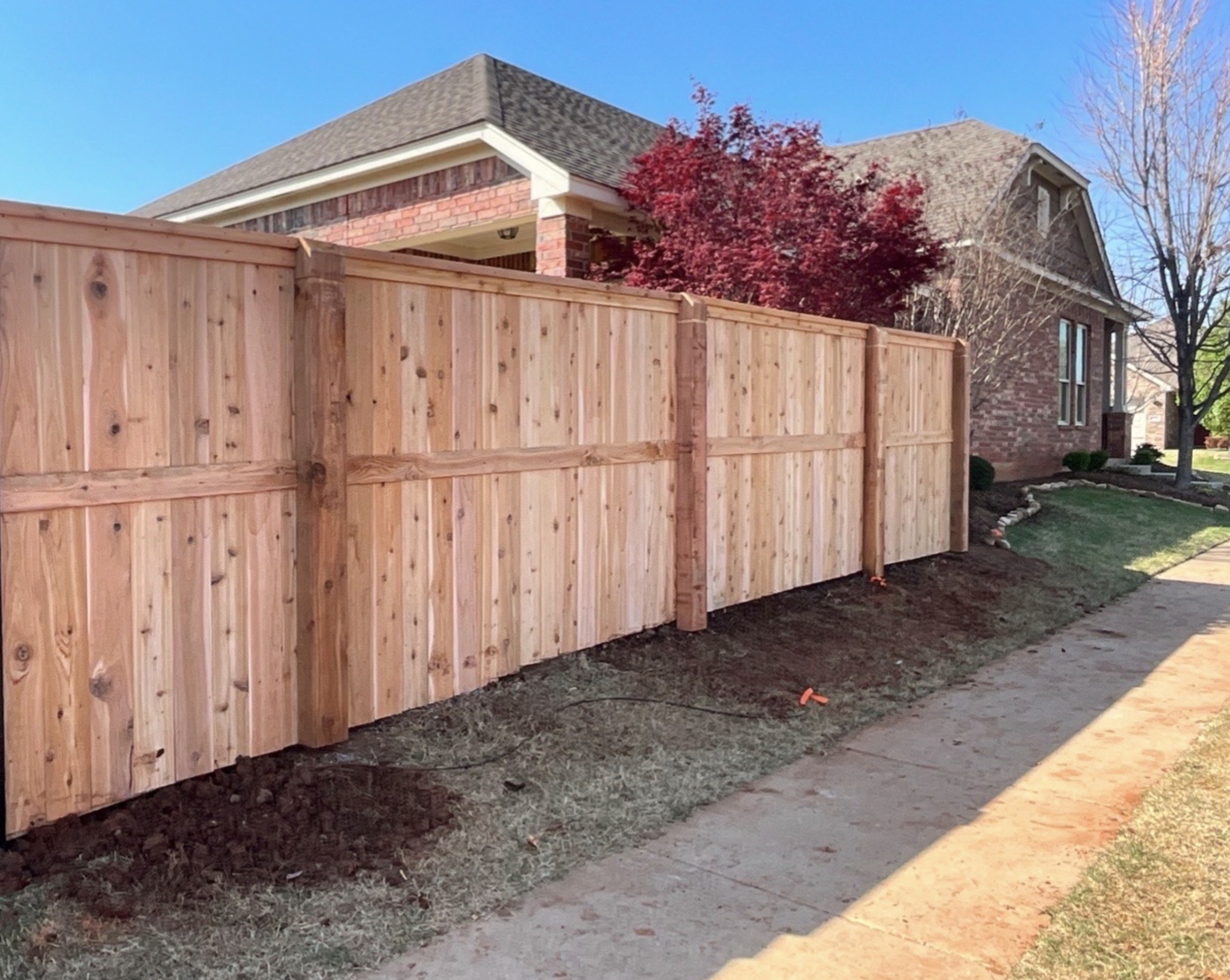 Premium Western Red Cedar board on board wood privacy fence featuring custom boxed posts and top trim along residential sidewalk.