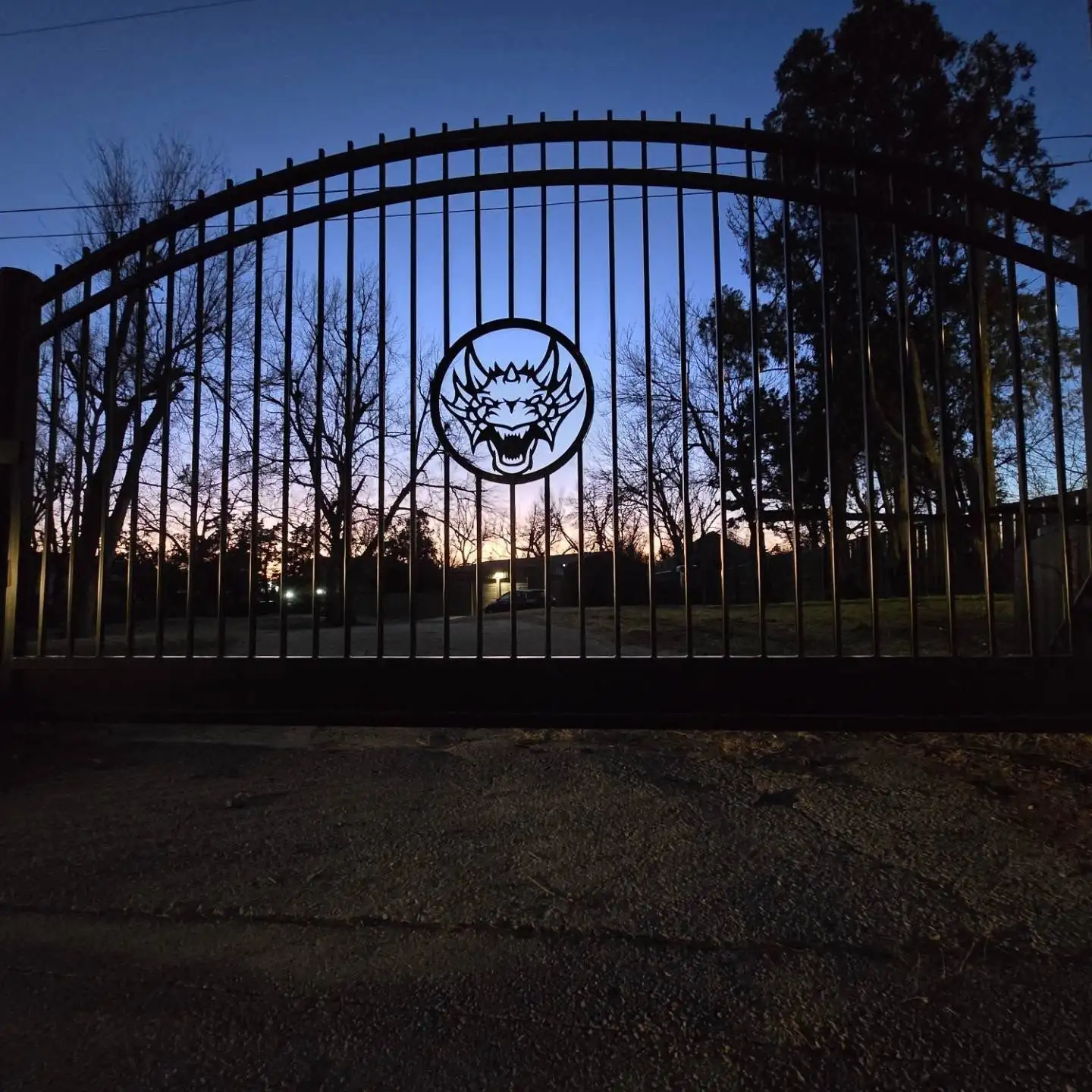 Arched black ornamental steel driveway security gate featuring a custom circular center medallion against the dusk sky.