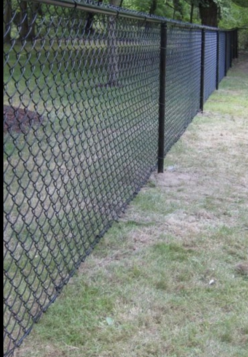 Black vinyl-coated chain link fence with top rail installed along tree-lined yard perimeter.