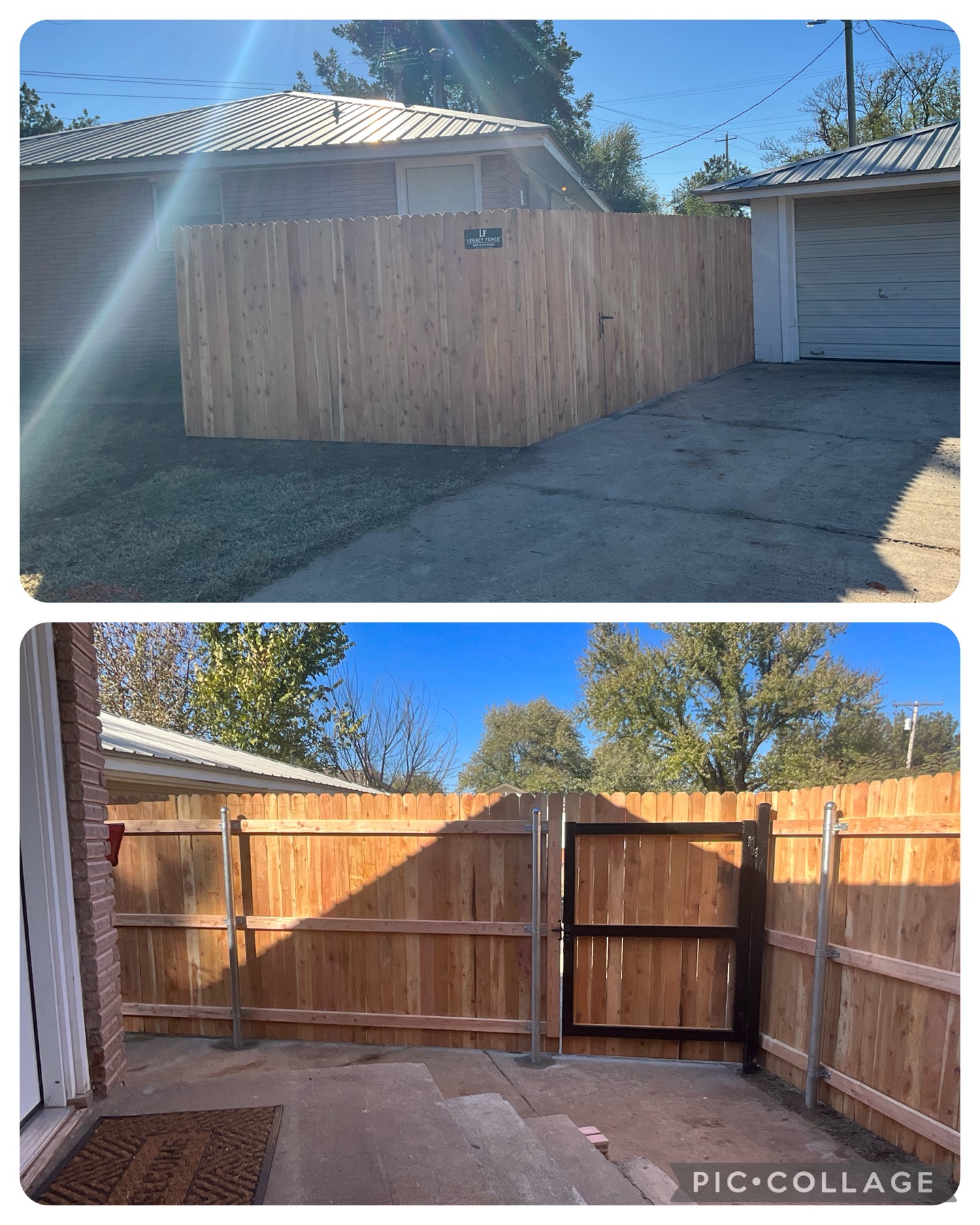Cedar wood privacy fence with heavy duty steel-framed walk gate and metal posts.