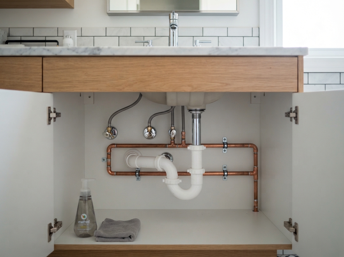 Travail de plomberie complété sous un lavabo de salle de bain, installation soignée