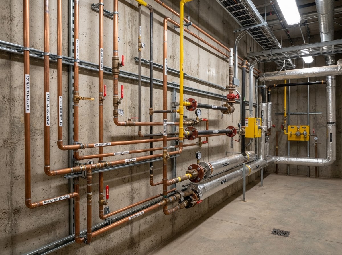 Travail de plomberie commerciale, tuyauterie et raccords installés avec soin