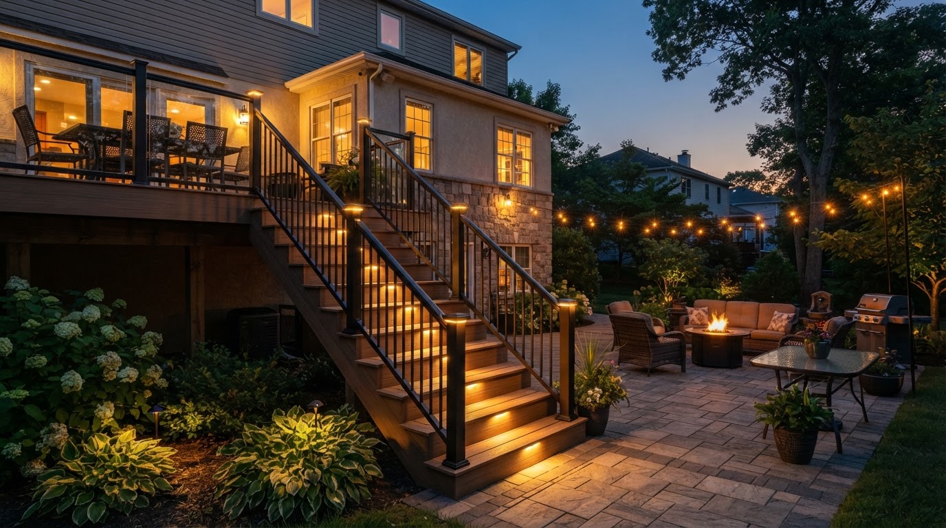 Custom deck stairs with railing and low-voltage LED step lighting at dusk