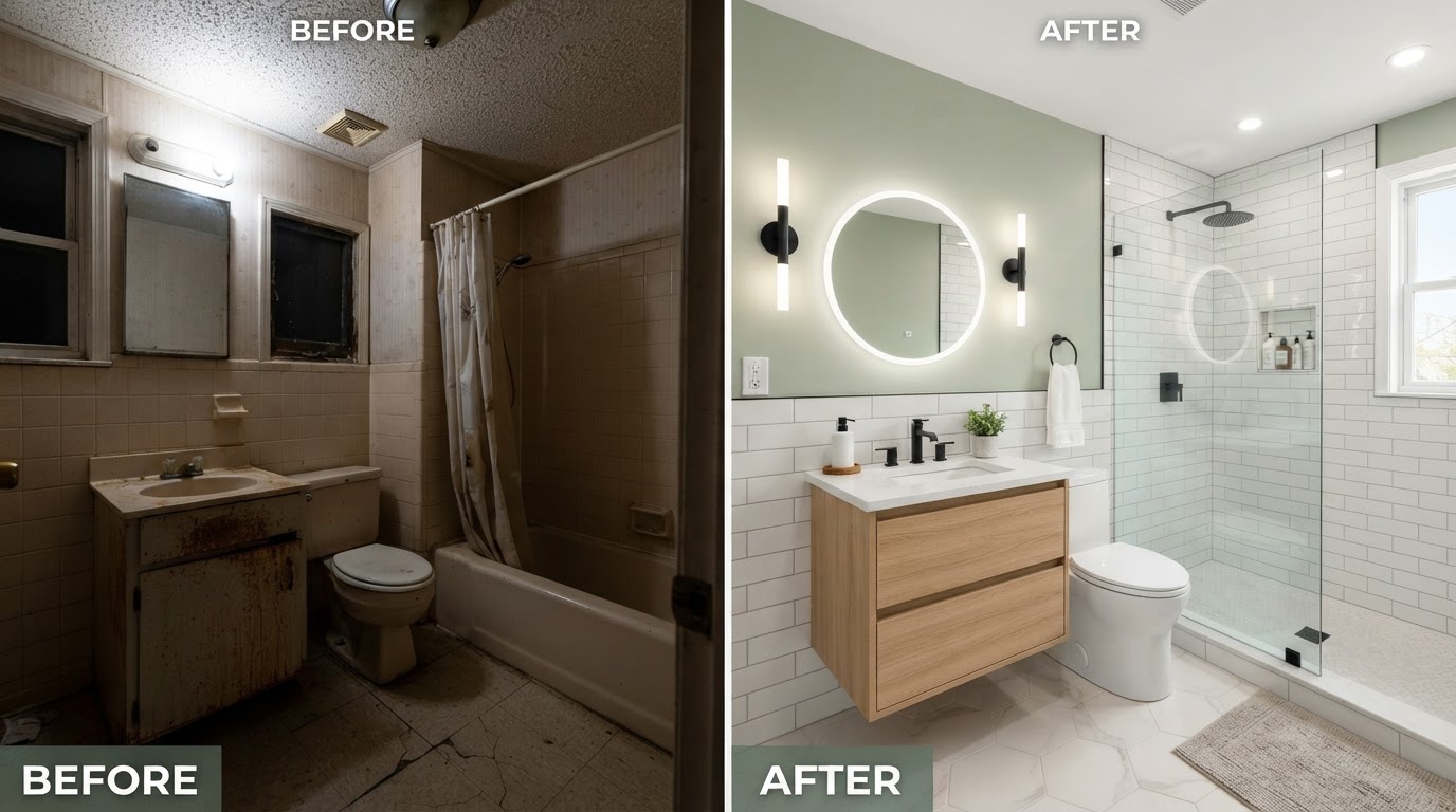Completed modern bathroom renovation with subway tile, new vanity, and updated lighting
