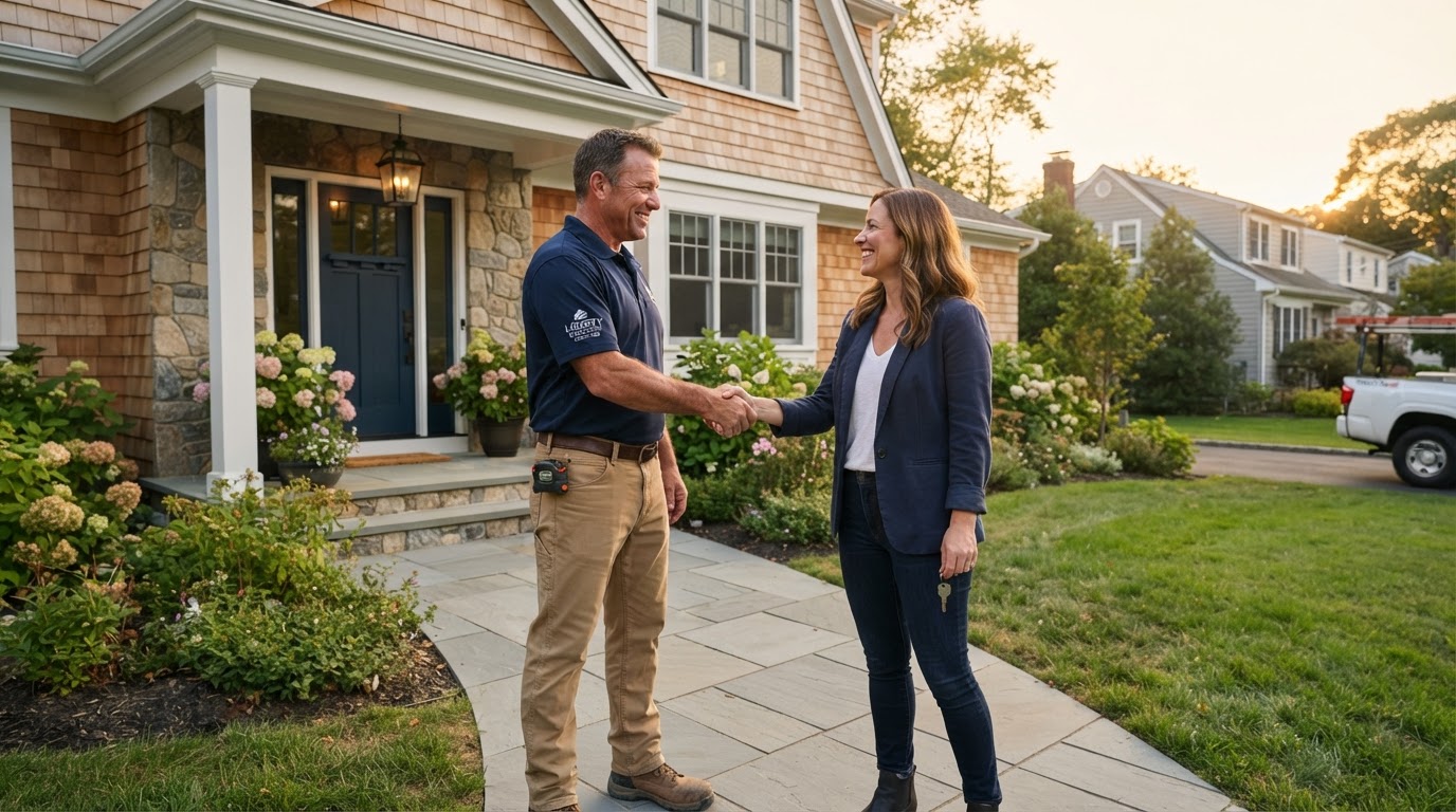 Confident handshake between contractor and homeowner after a completed renovation