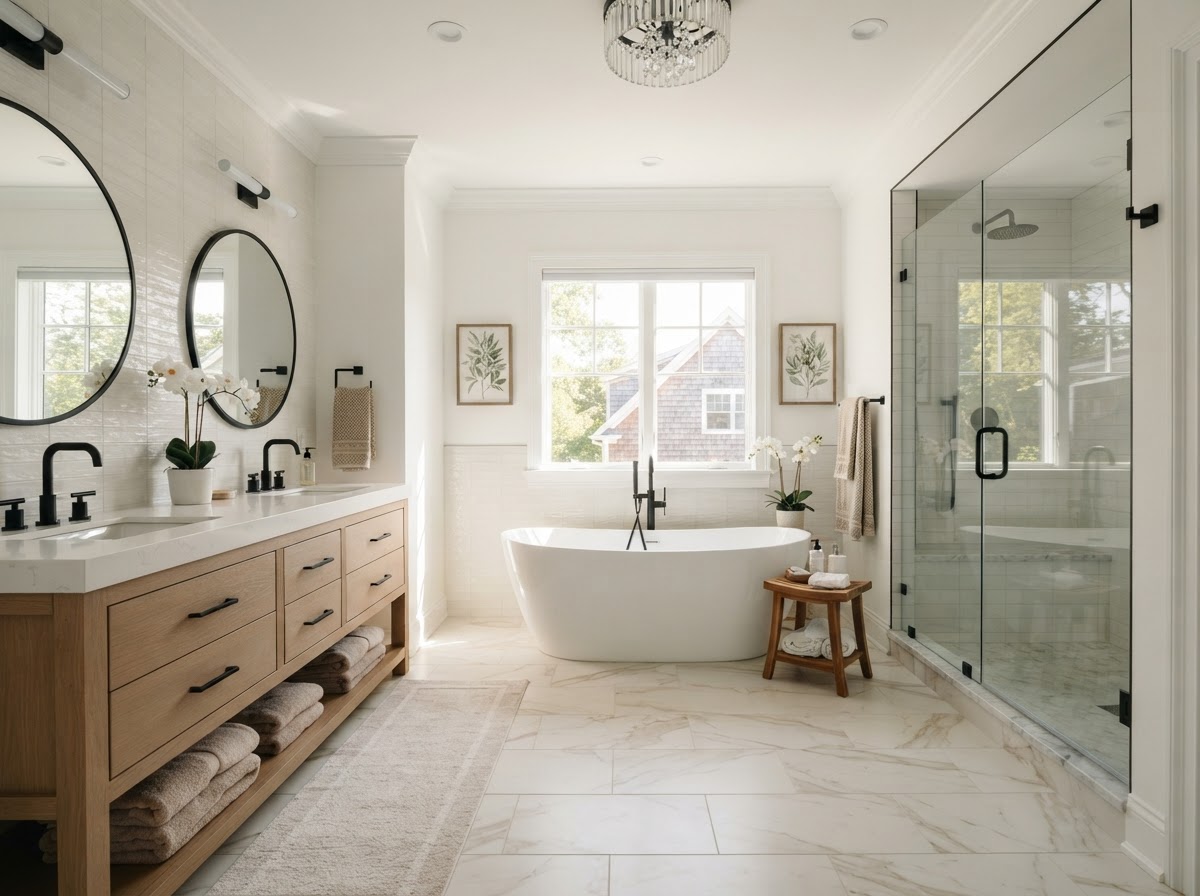 Master bathroom renovation with freestanding tub and double vanity by Dougy Construction in Nassau County