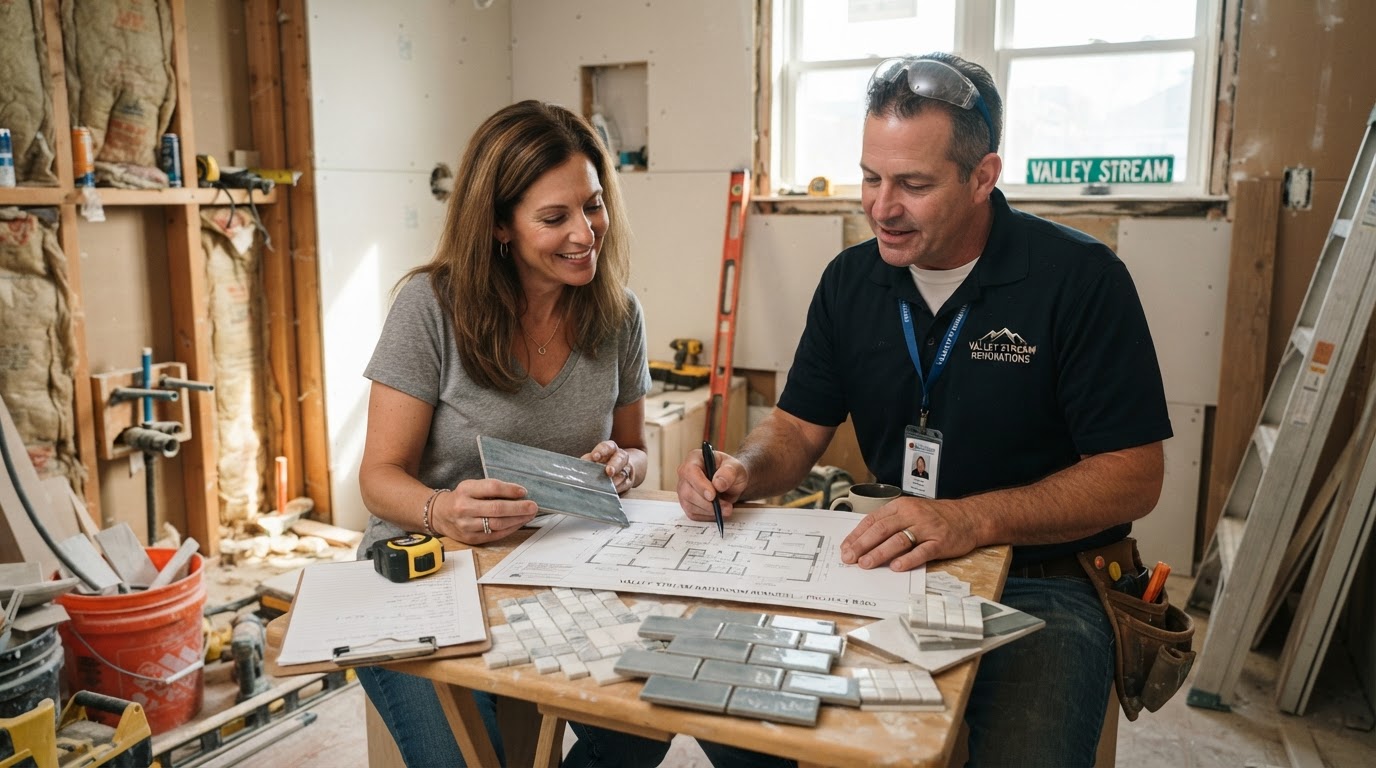 Contractor reviewing bathroom remodel plans and tile samples with a homeowner in Valley Stream NY