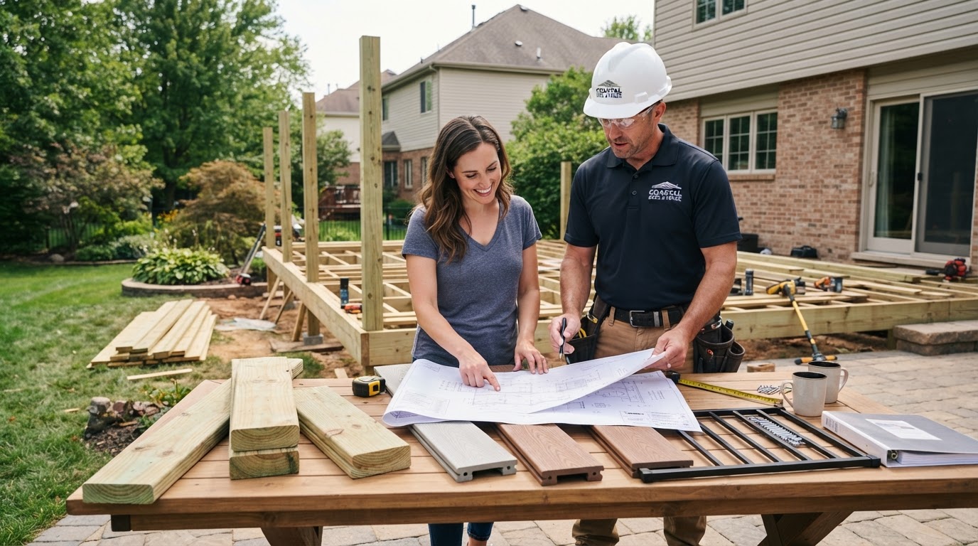Skilled deck builder reviewing construction blueprints and material samples with a homeowner