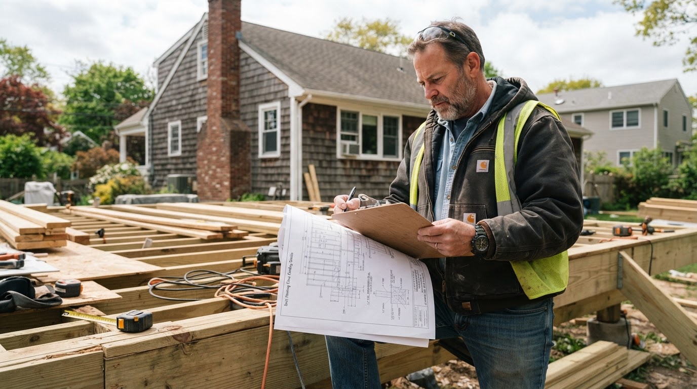 Contractor reviewing deck building permit plans and blueprints at a Long Island residential construction site