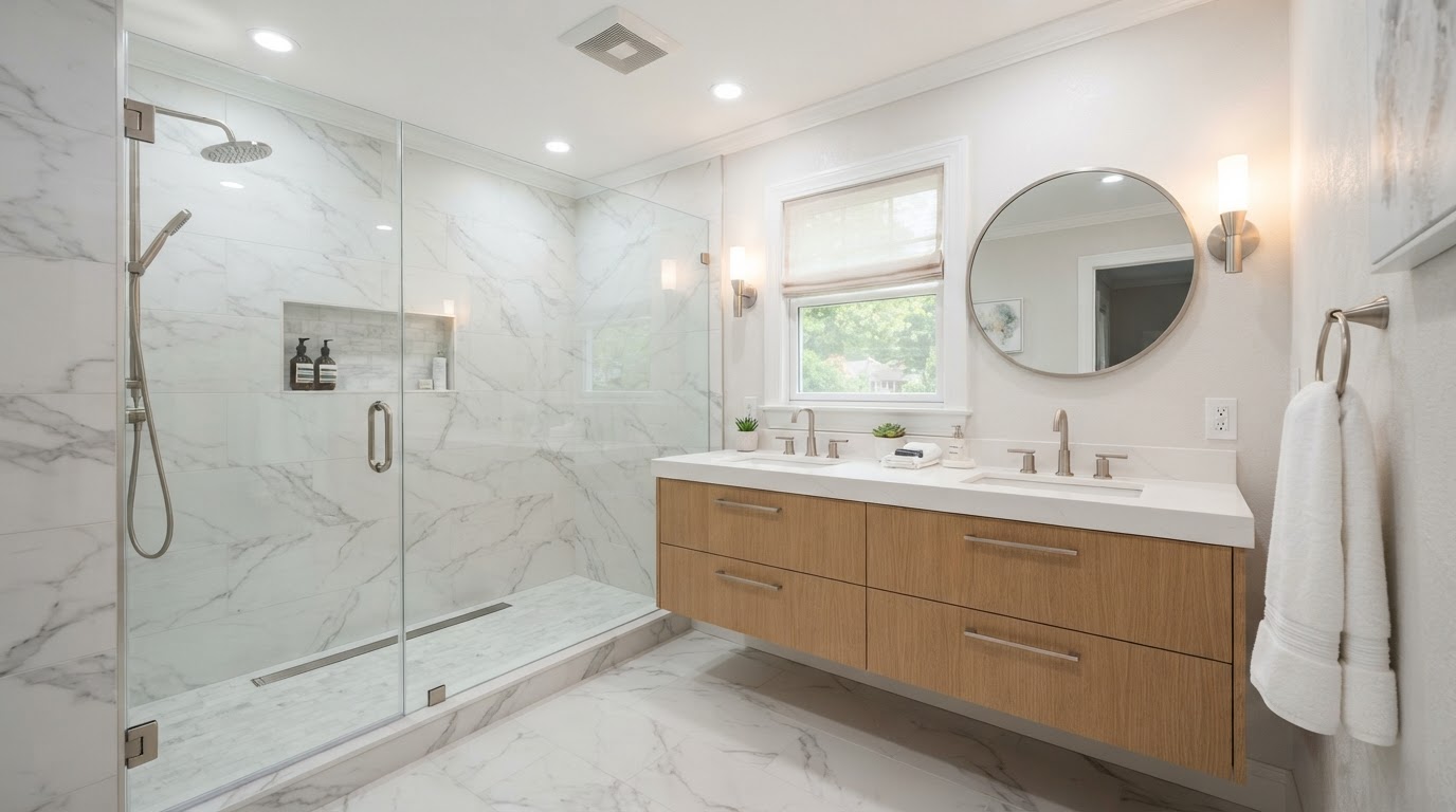 Modern bathroom remodel with walk-in glass shower and floating vanity