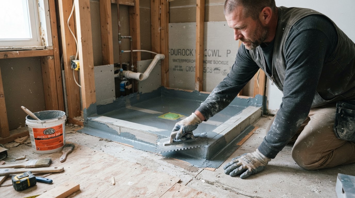 Contractor applying waterproofing membrane to a shower subfloor before tile installation in a partially renovated bathroom