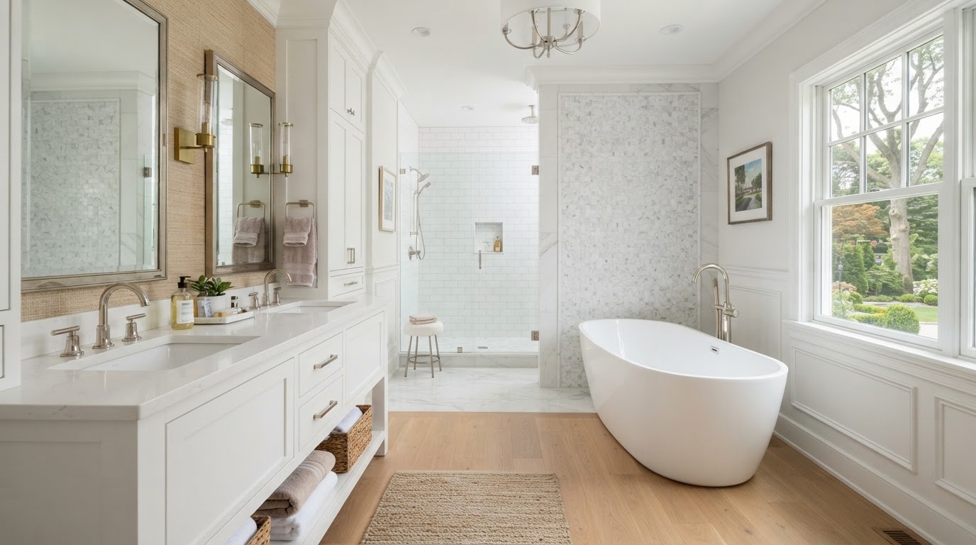 Master bathroom renovation with double vanity and freestanding tub by Dougy Construction in Nassau County