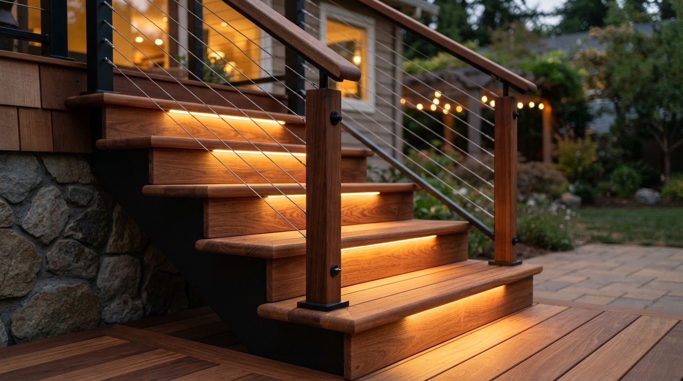 Close-up of custom deck stairs with wood treads, metal railings, and LED step lighting at dusk