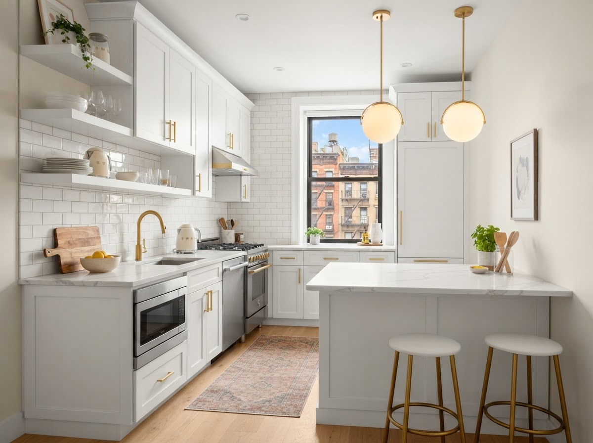 Affordable NYC kitchen remodel with white cabinets and quartz countertops