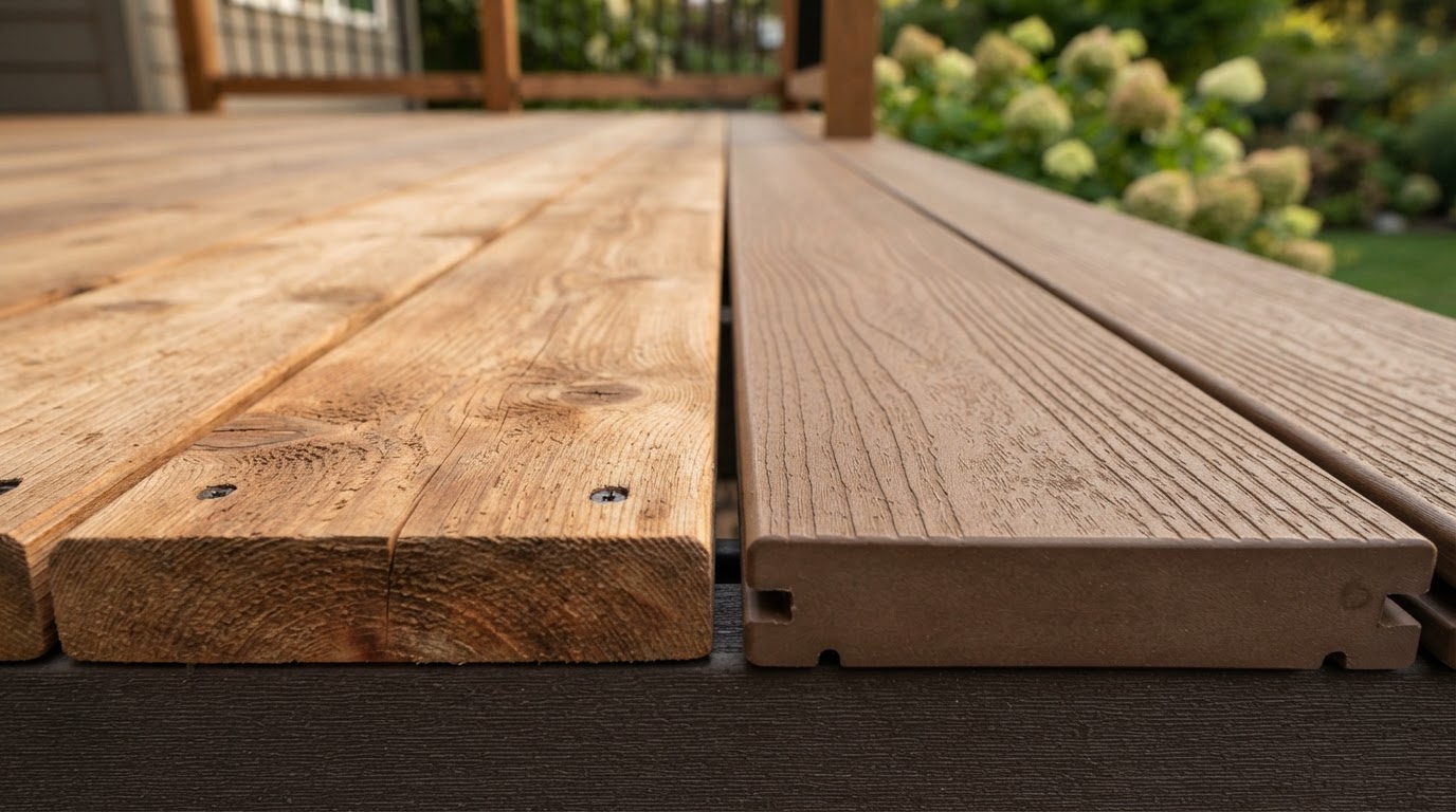 Composite decking boards versus natural cedar wood decking comparison