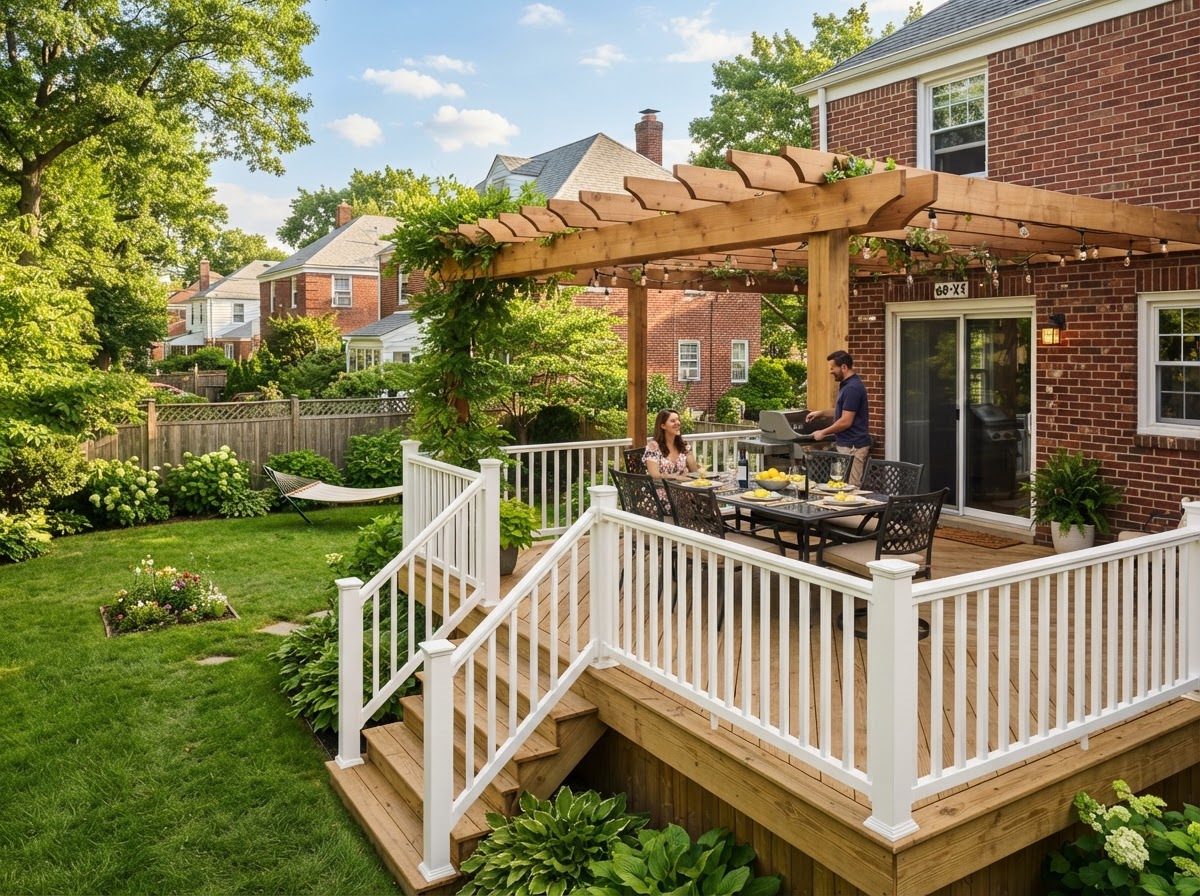 Custom backyard wood deck with pergola built by Dougy Construction in Queens