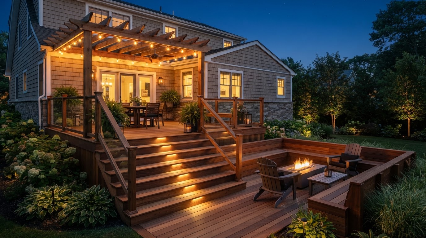 Custom multi-level deck with built-in seating, pergola, and stair lighting on a Long Island home