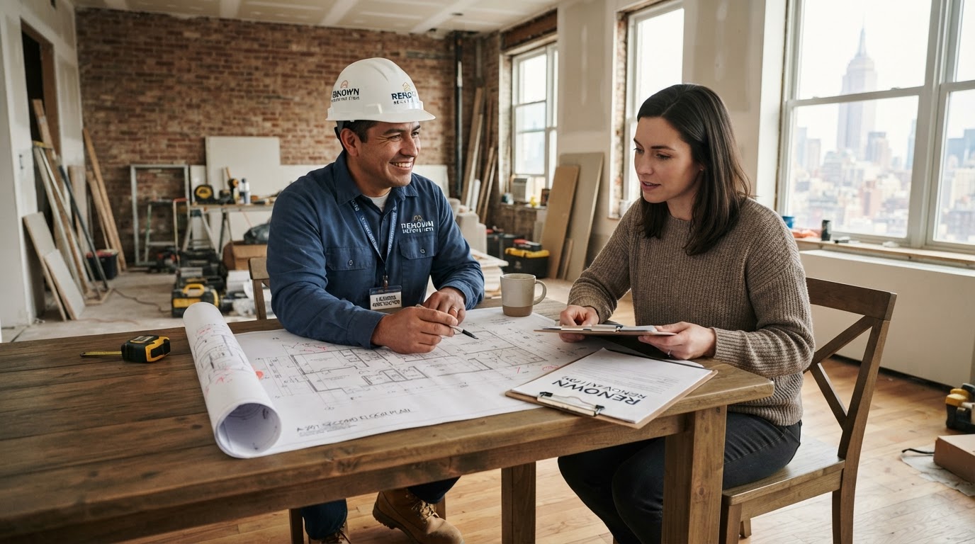 Licensed contractor reviewing renovation blueprints with a homeowner in a Manhattan apartment