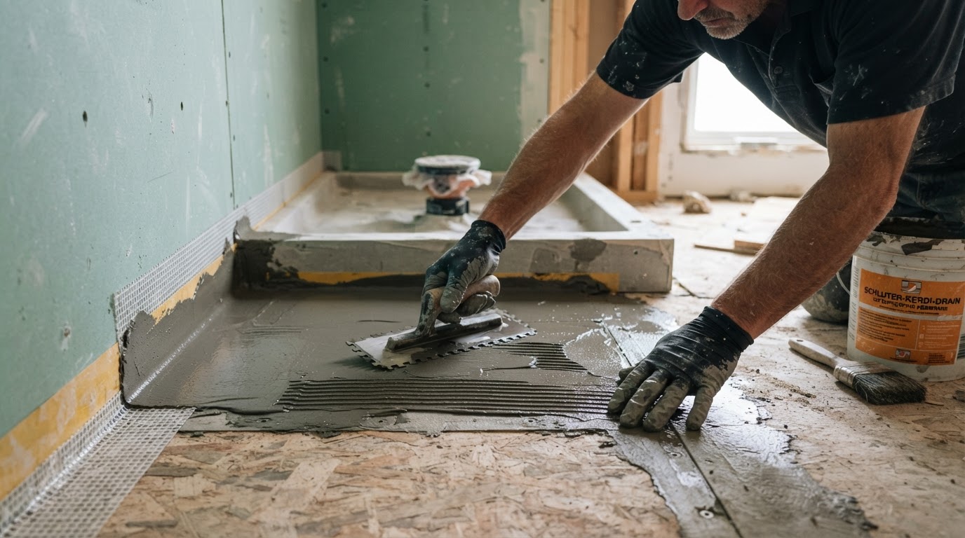 Installer applying waterproofing membrane to a shower subfloor before tile installation