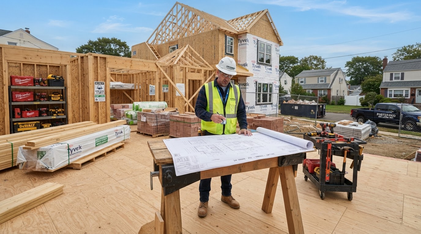 Clean, organized residential construction job site with plans and materials