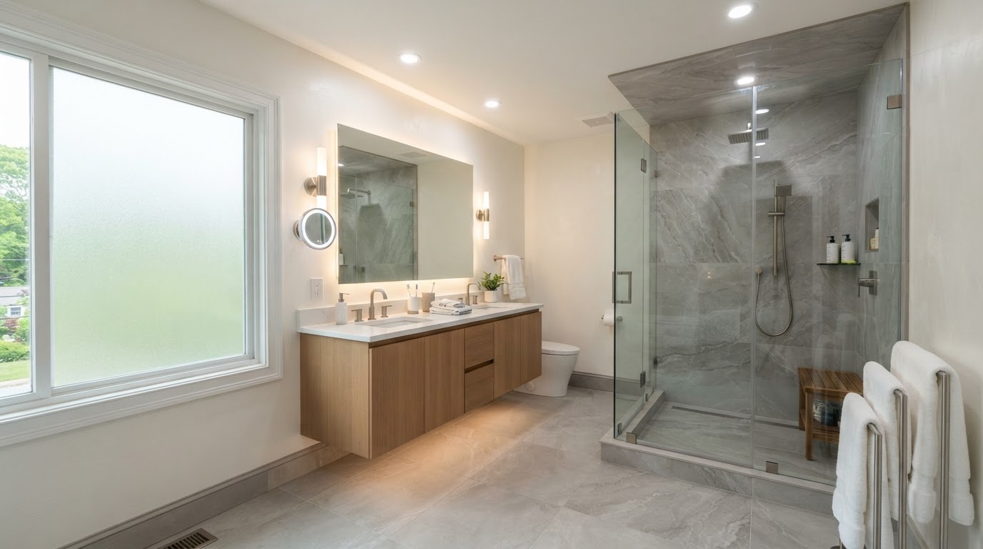Renovated bathroom with walk-in glass shower and floating vanity