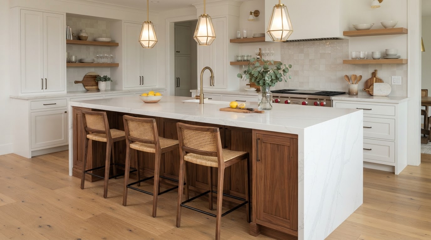 Custom kitchen island with quartz countertop and pendant lighting