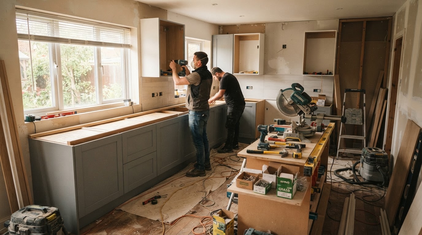 Mid-renovation kitchen with new cabinets being installed, tools and materials on site
