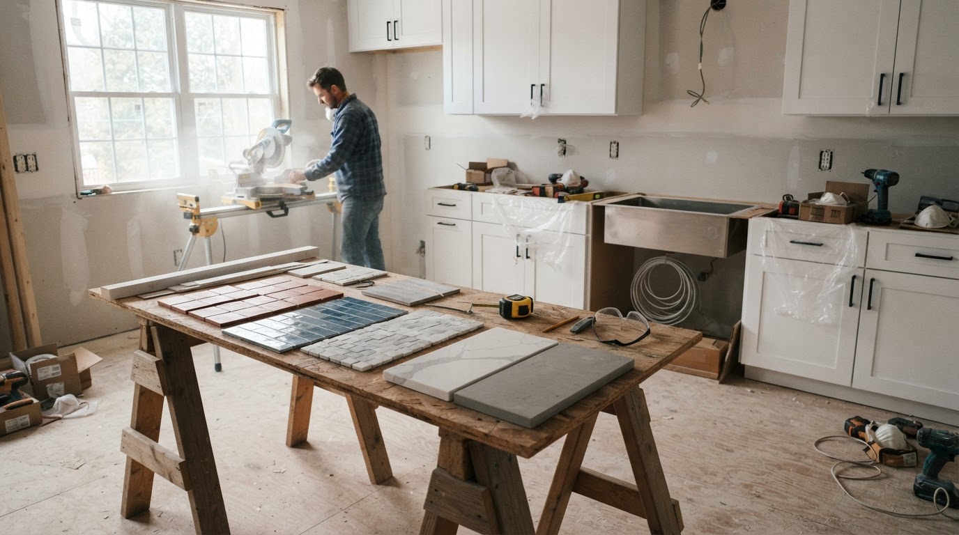 Mid-construction kitchen with new cabinets and material samples
