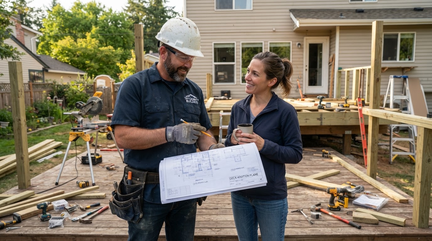Contractor reviewing deck building plans and blueprints with a homeowner on a residential backyard construction site