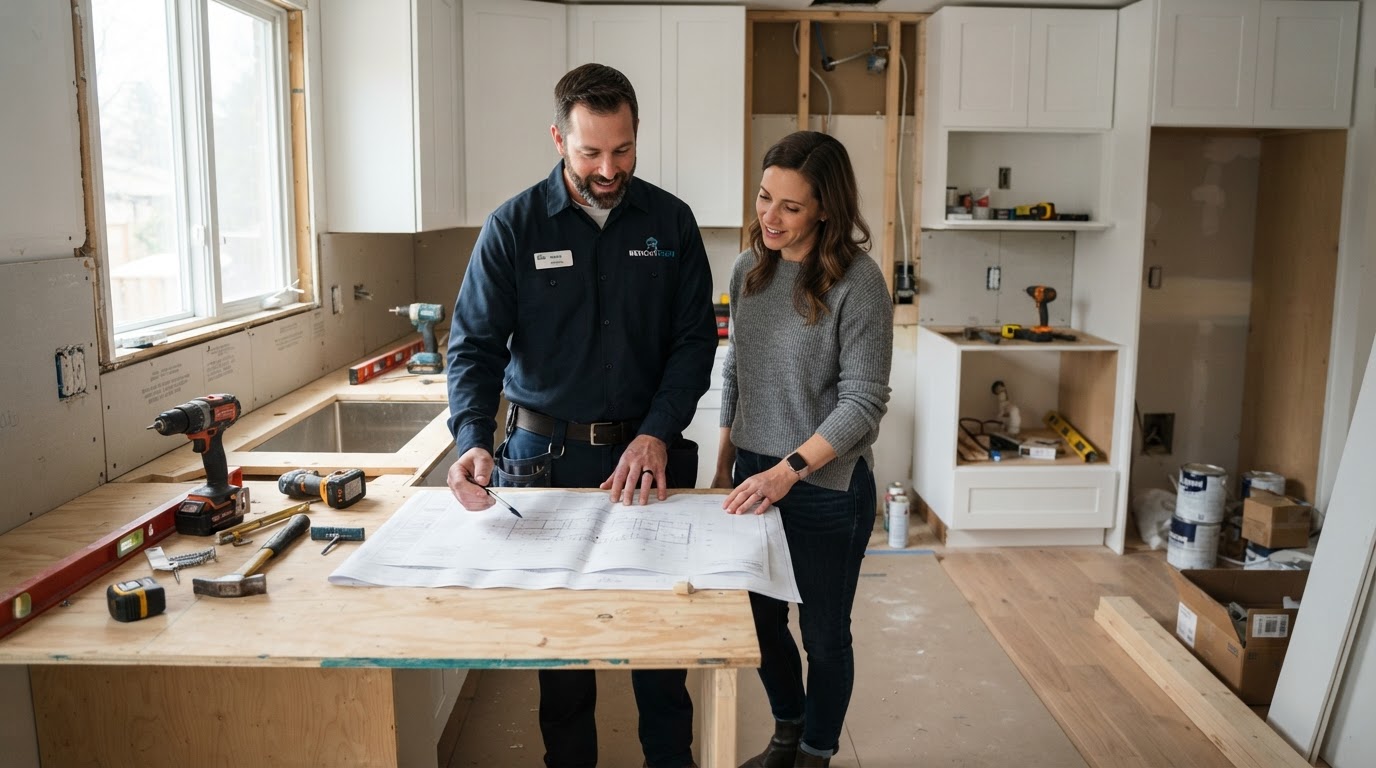 Contractor reviewing renovation plans with a homeowner before a kitchen remodel