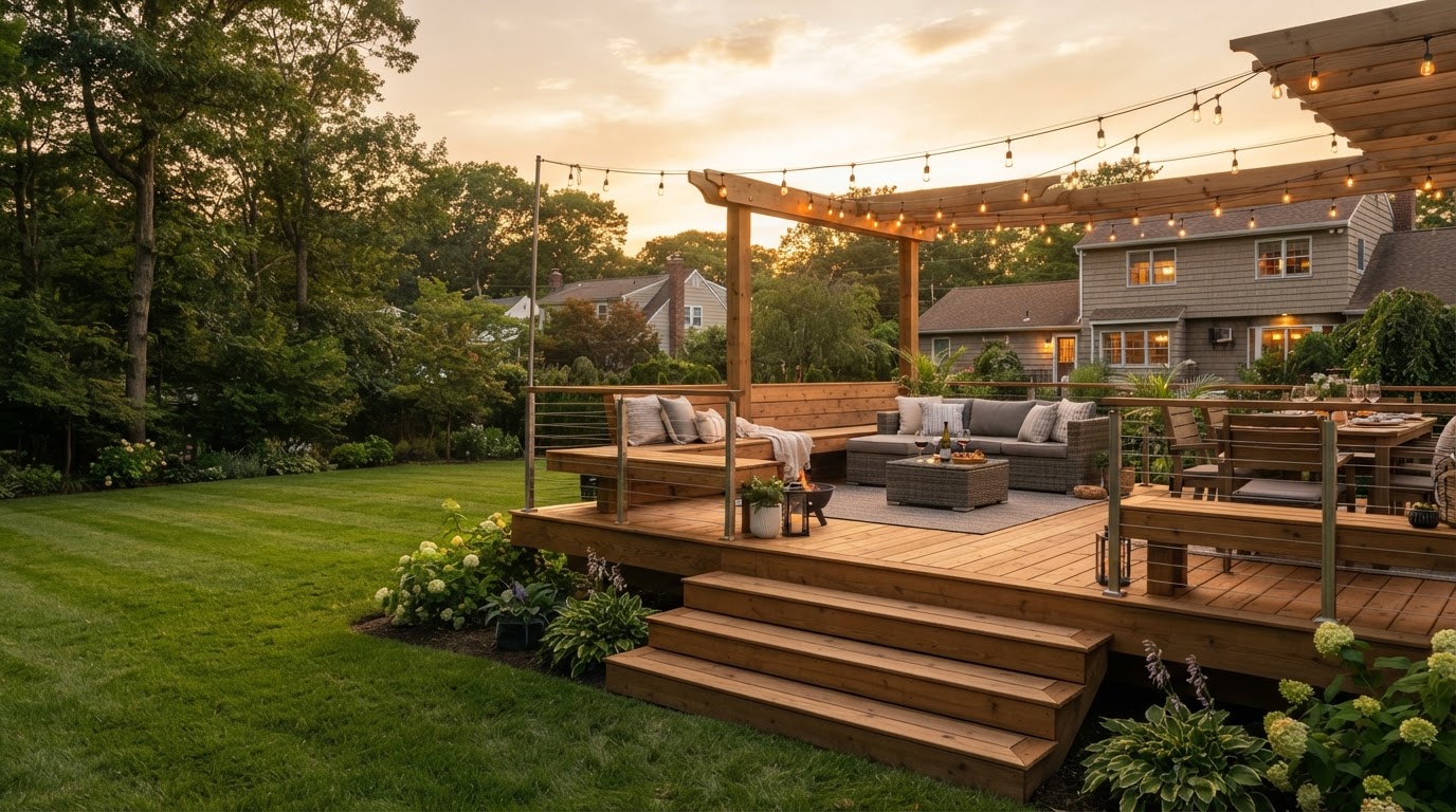 Custom-built outdoor deck with cable railings in a Long Island backyard