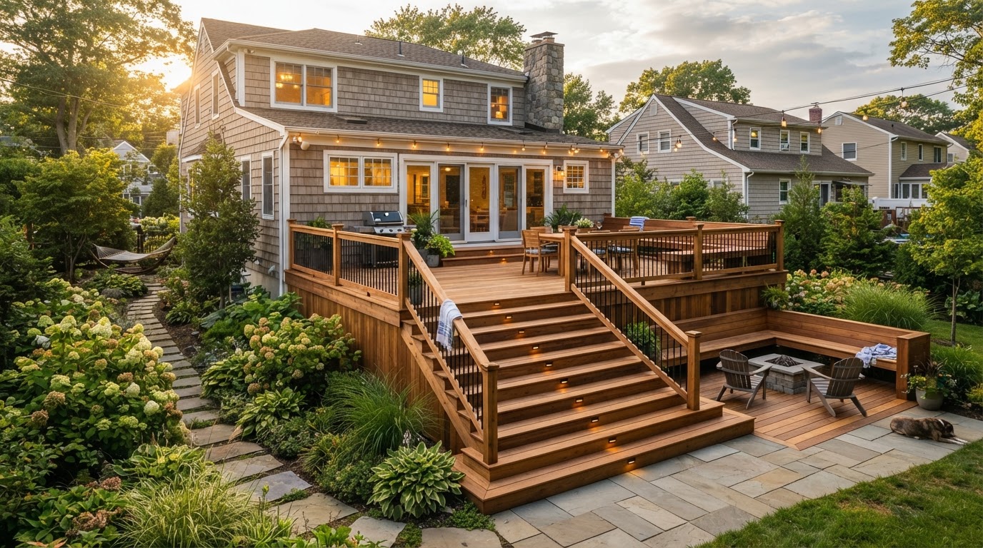 Custom multi-level deck with built-in seating on a Valley Stream home