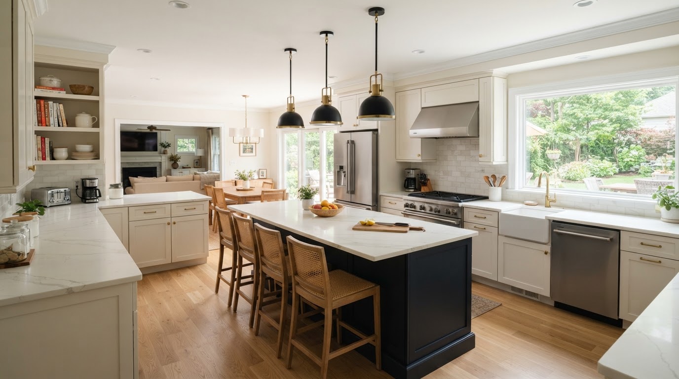 Open-concept kitchen remodel in a Valley Stream home with white cabinets and quartz island