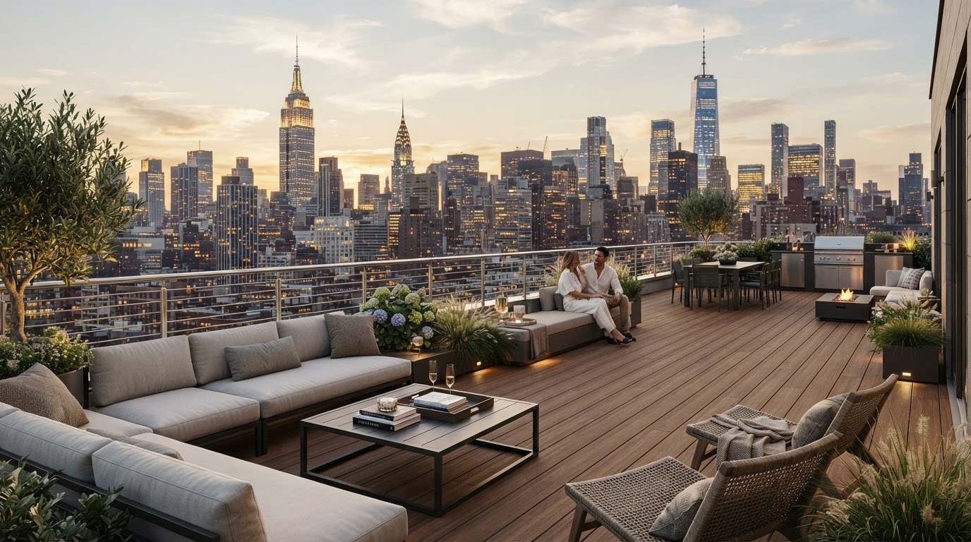 Rooftop terrace deck in New York City with composite decking, cable railings, and skyline view
