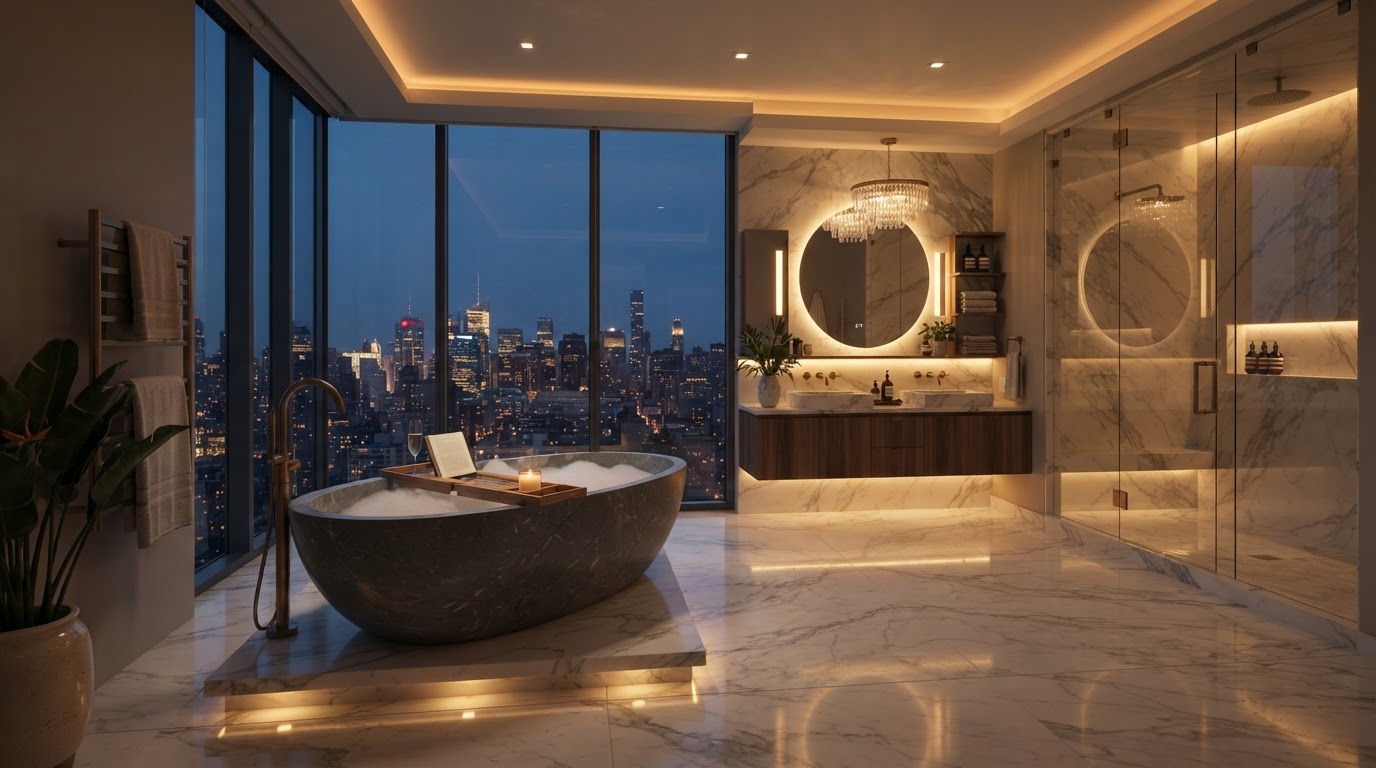 Luxury master bathroom with freestanding soaking tub, heated marble flooring, and architectural lighting