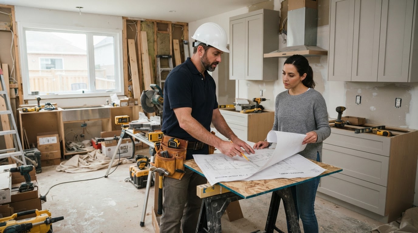 Contractor reviewing kitchen renovation plans with a homeowner