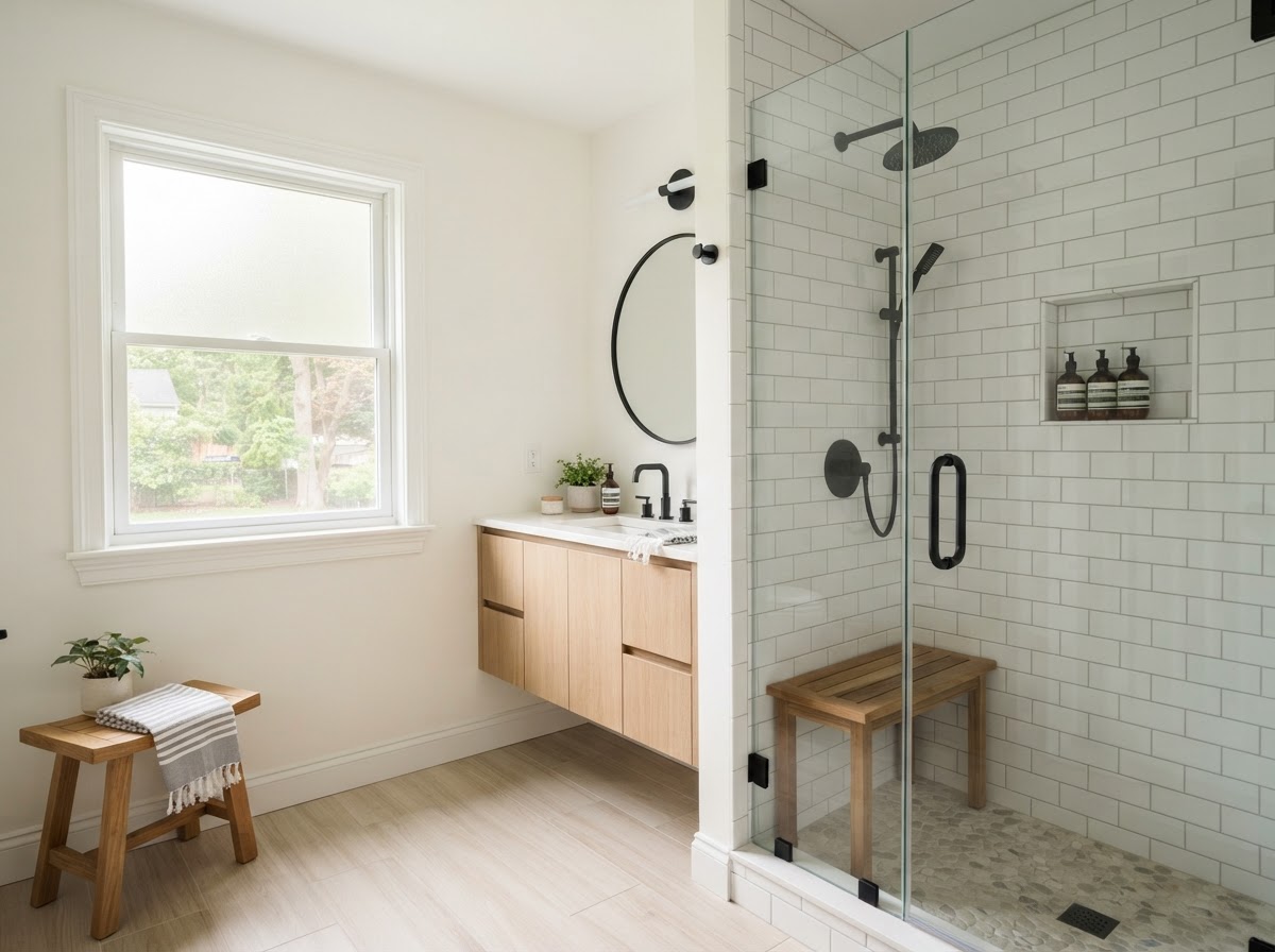Bright, modern bathroom remodel in a suburban Long Island home with white subway tile walk-in shower and frameless glass