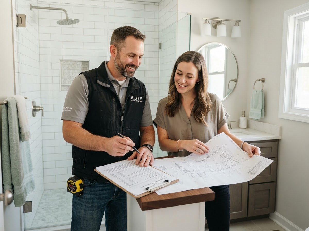 Contractor reviewing a detailed written estimate and blueprint plans with a homeowner in a renovated bathroom
