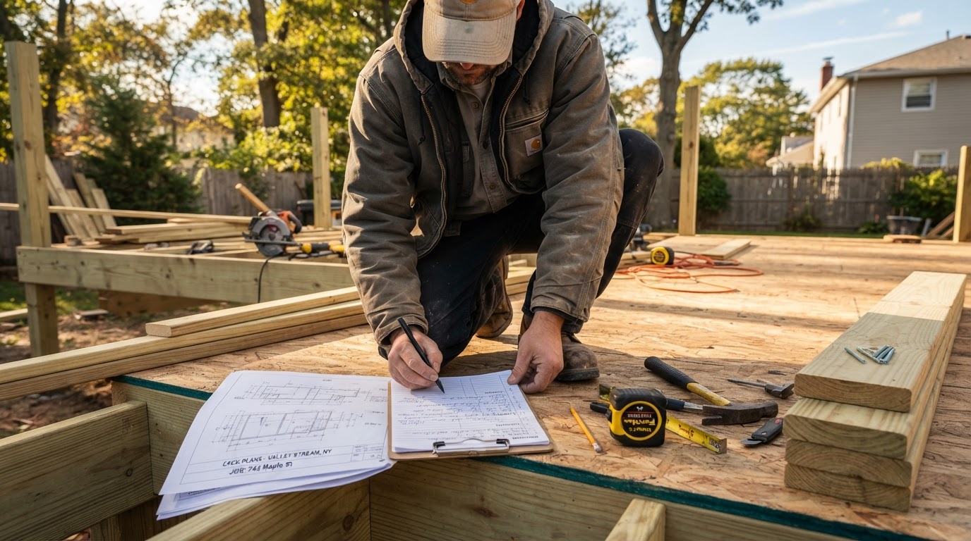 Contractor reviewing deck plans and an itemized written estimate at a Valley Stream job site